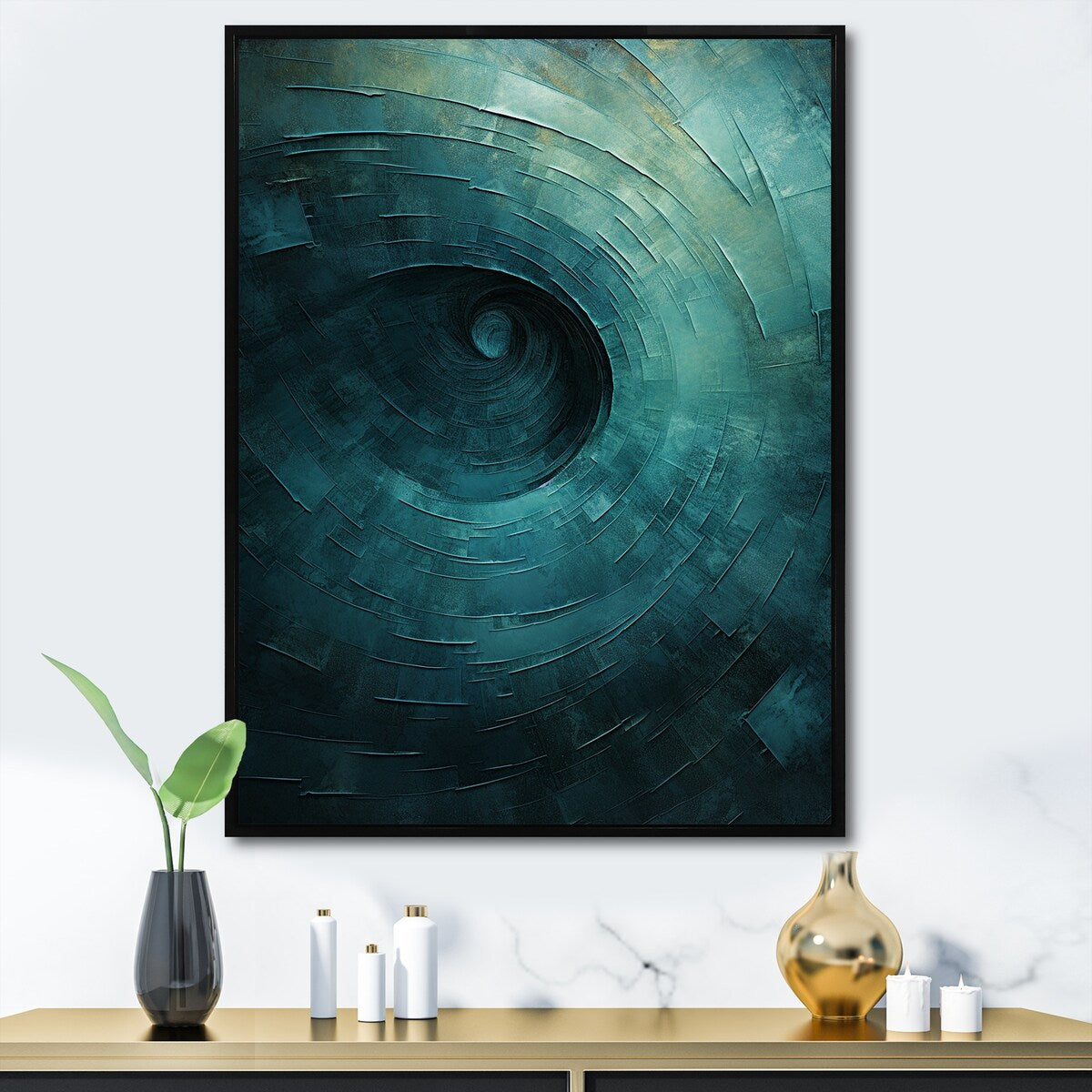 Designart "Teal Twisting Tranquility Spiral I" Abstract Spirals Framed Wall Art Prints