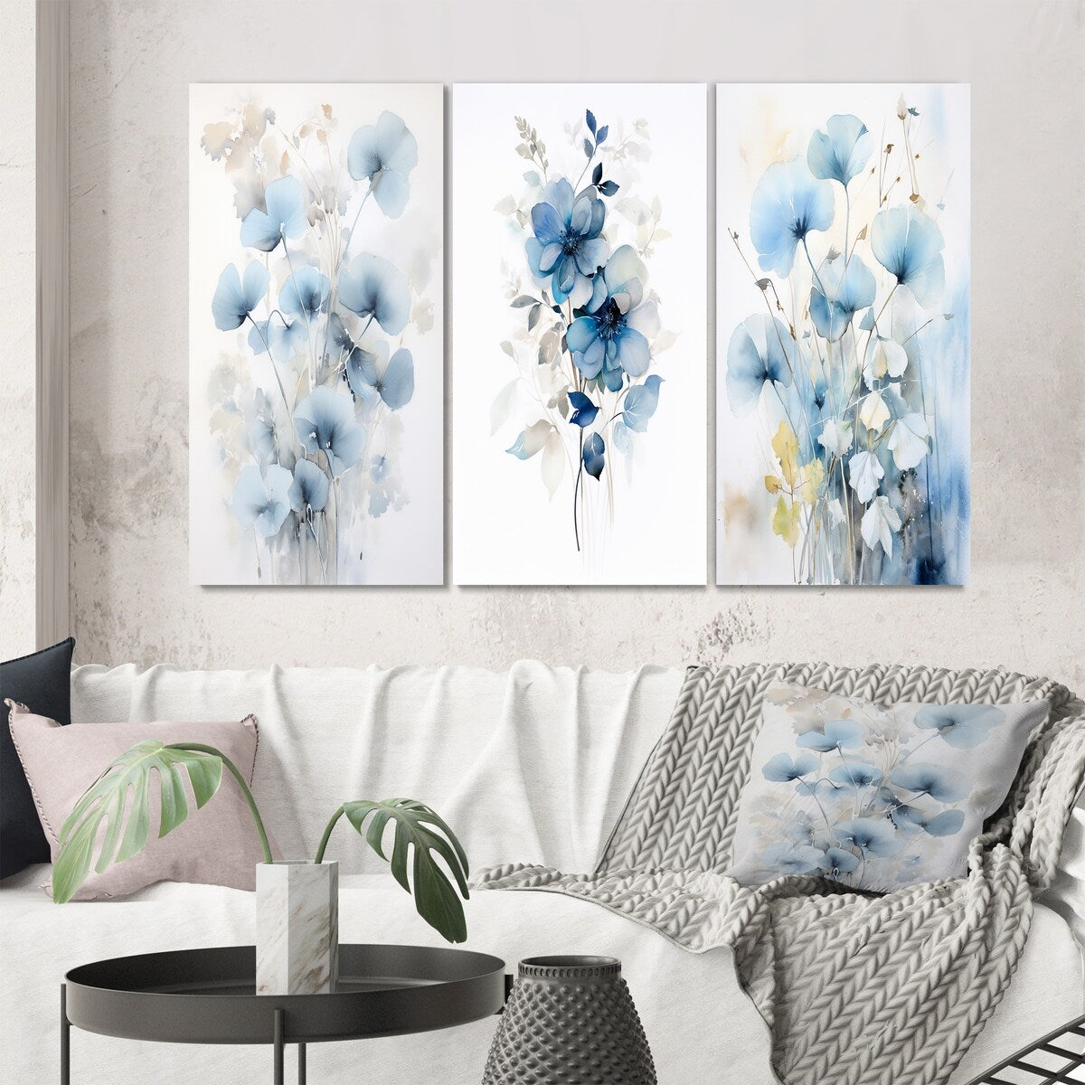 Designart "Tender Ginko Leaves in Shades Of Blue IV" Leaves Blue - Gallery Wall Set Of 3 For Home Decor