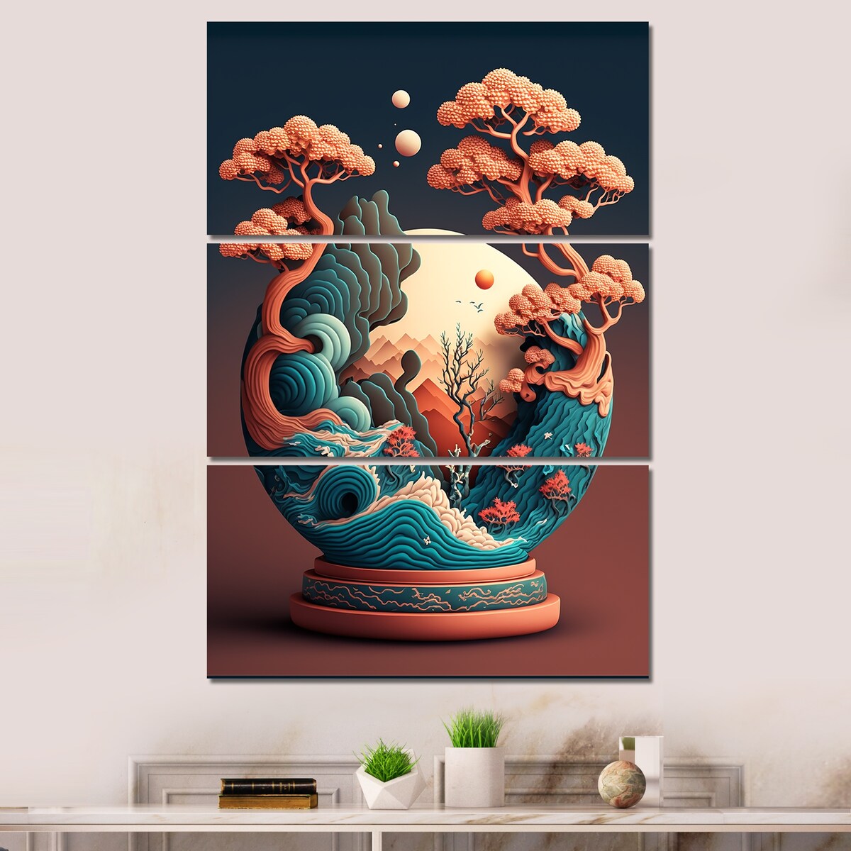 Designart "Terra Cotta Bonzai Mountains III" Cottage Lake Mountains Canvas Art Print - 3 Panels