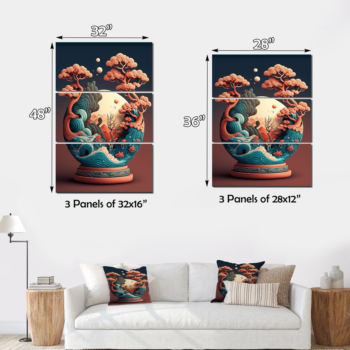 Designart "Terra Cotta Bonzai Mountains III" Cottage Lake Mountains Canvas Art Print - 3 Panels