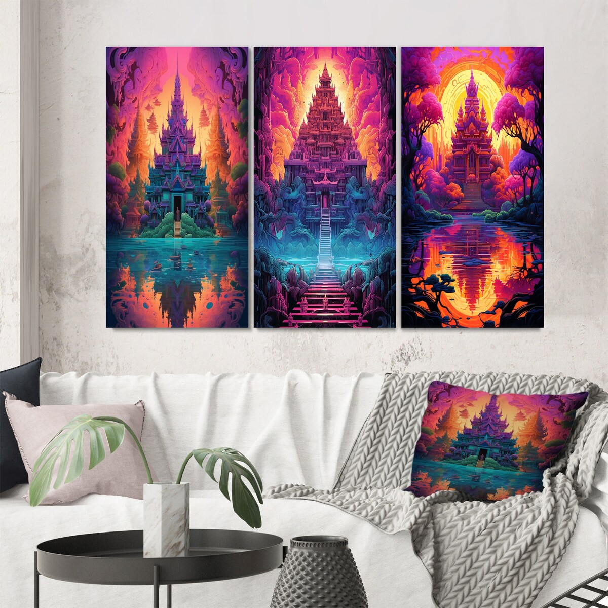 Designart "Thai Buddhist Temple Spiritual Dreamscape II" Buddhism Pink - Gallery Wall Set Of 3 For Home Decor