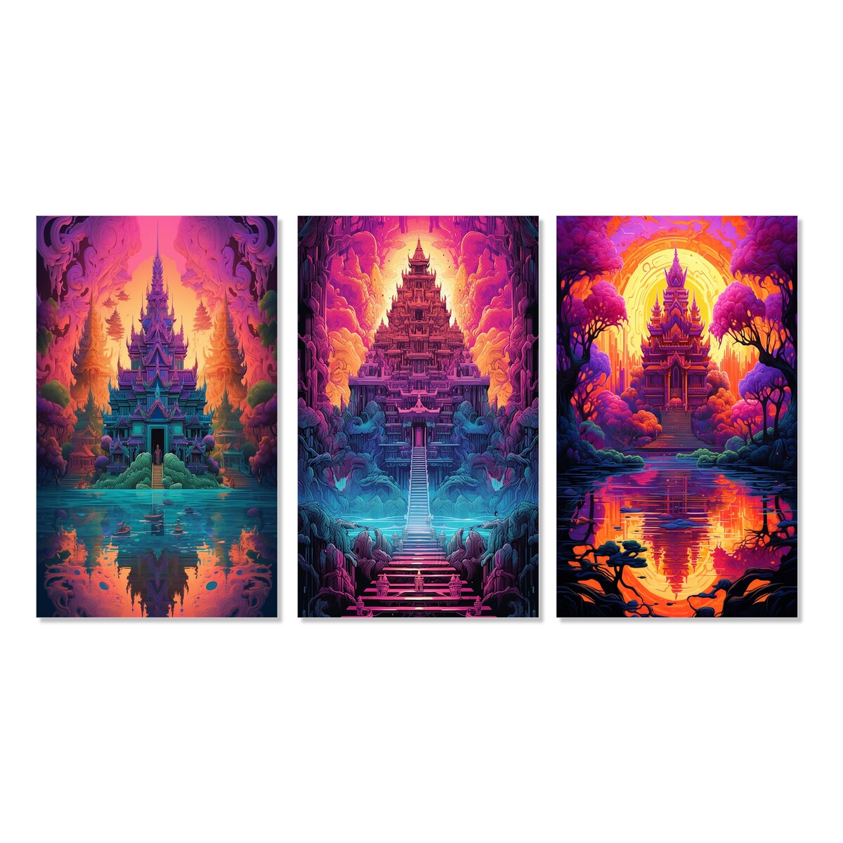 Designart "Thai Buddhist Temple Spiritual Dreamscape II" Buddhism Pink - Gallery Wall Set Of 3 For Home Decor