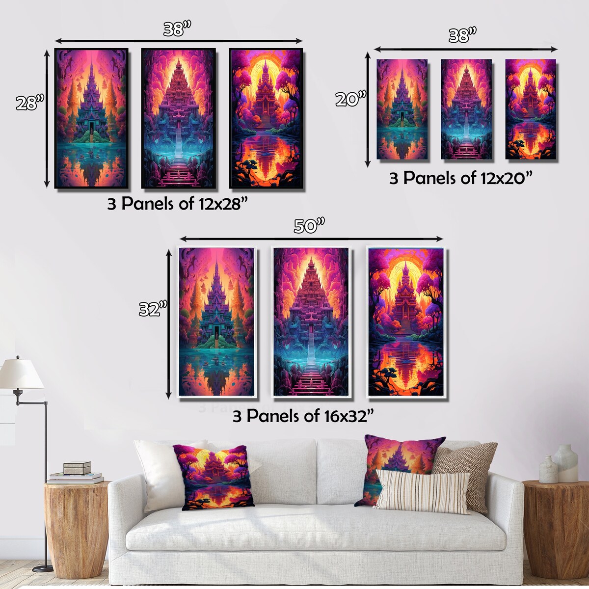 Designart "Thai Buddhist Temple Spiritual Dreamscape II" Buddhism Pink - Gallery Wall Set Of 3 For Home Decor