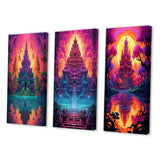 Designart "Thai Buddhist Temple Spiritual Dreamscape II" Buddhism Pink - Gallery Wall Set Of 3 For Home Decor
