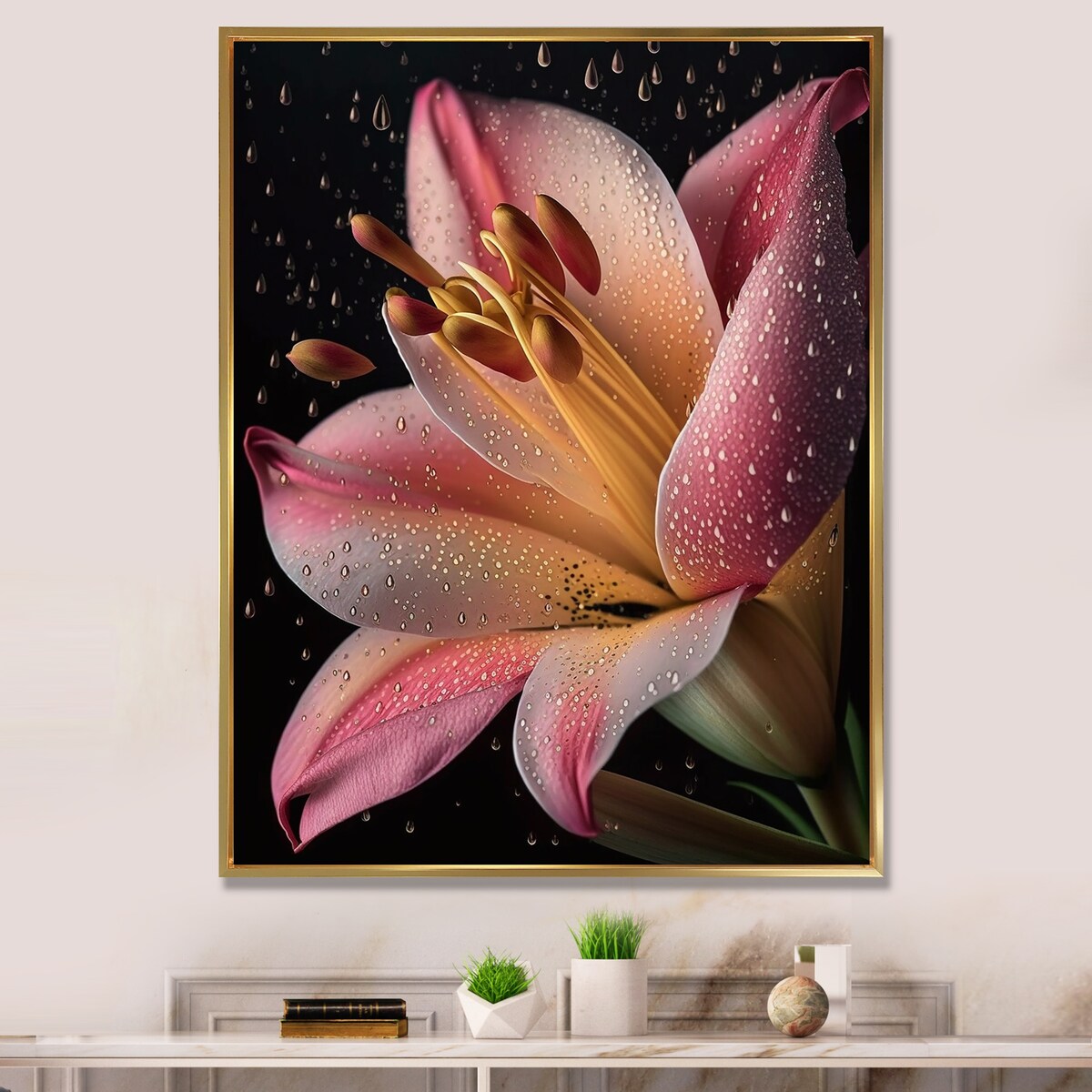 Designart "The Beauty Of Pink Lily Blossoming I" Lily Framed Wall Art Living Room