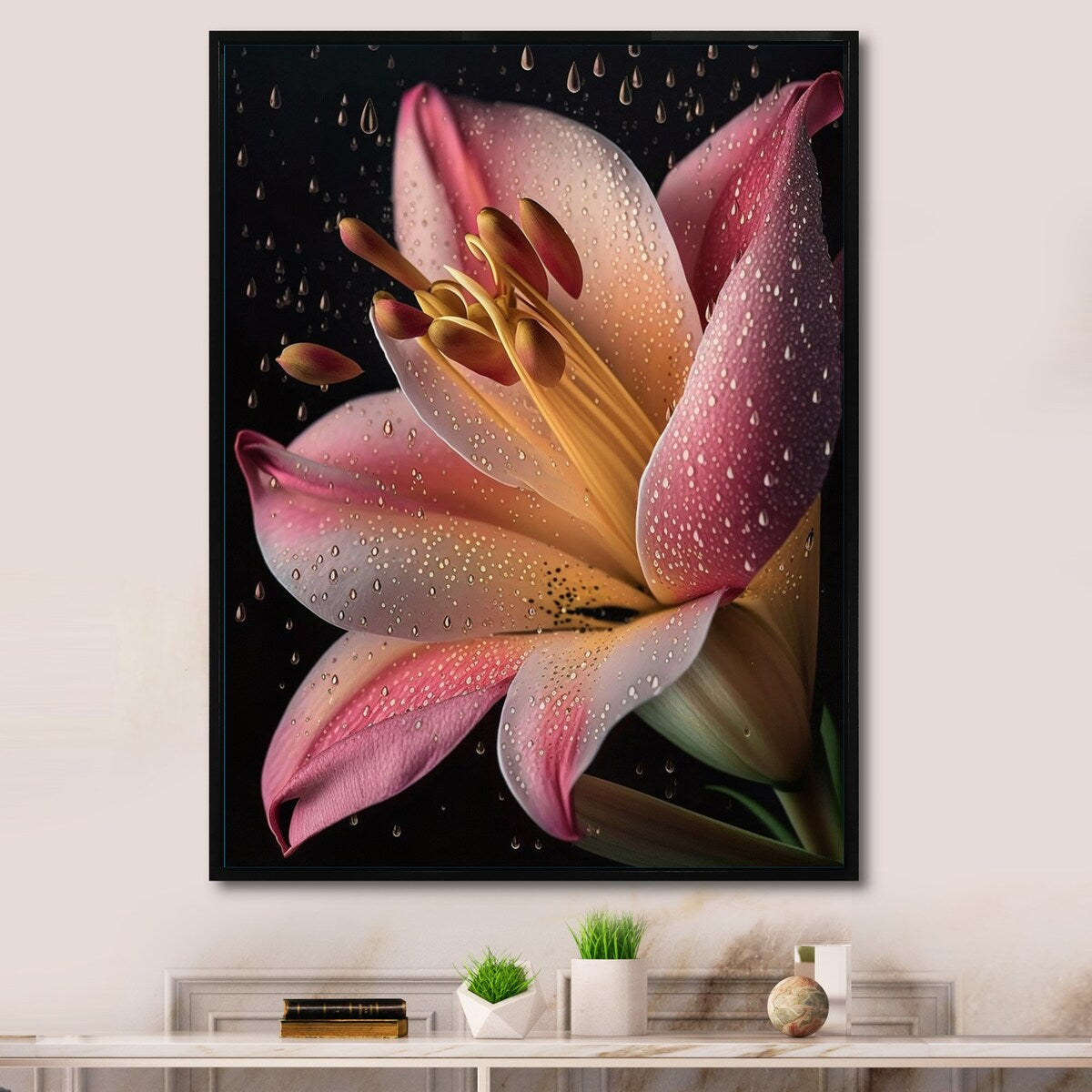 Designart "The Beauty Of Pink Lily Blossoming I" Lily Framed Wall Art Living Room