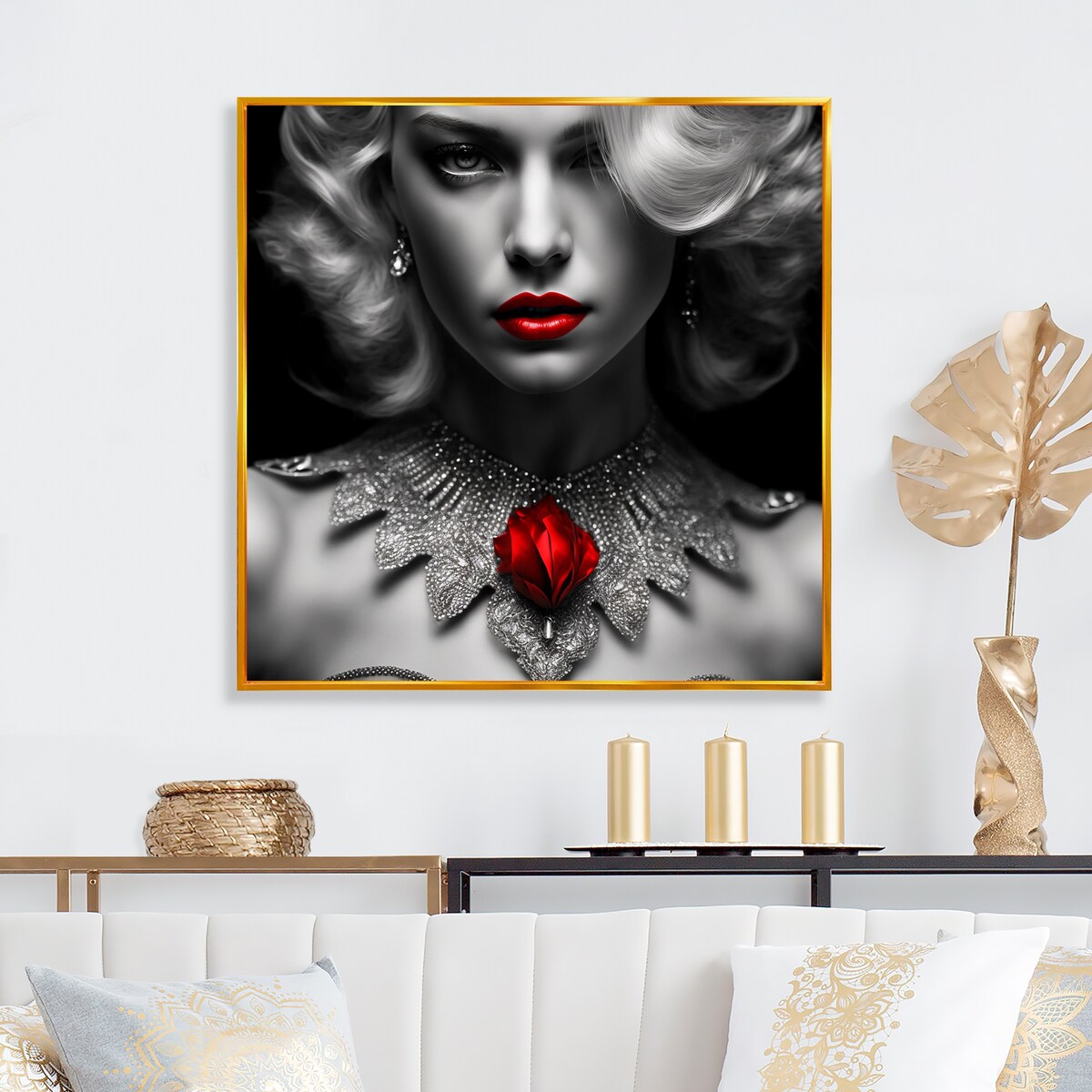 Designart "The Lady With The Red Ruby I" Fashion Woman Framed Canvas Wall Art Print