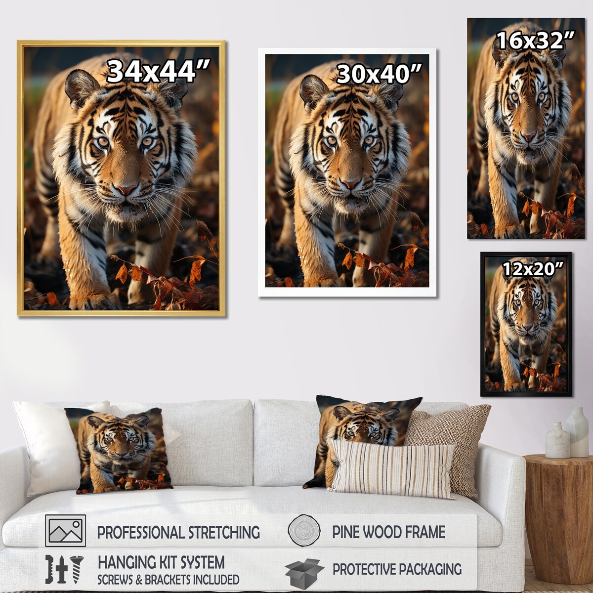 Designart "Tiger Extremely Detailed Portrait II" Animals Tiger Framed Canvas Wall Art
