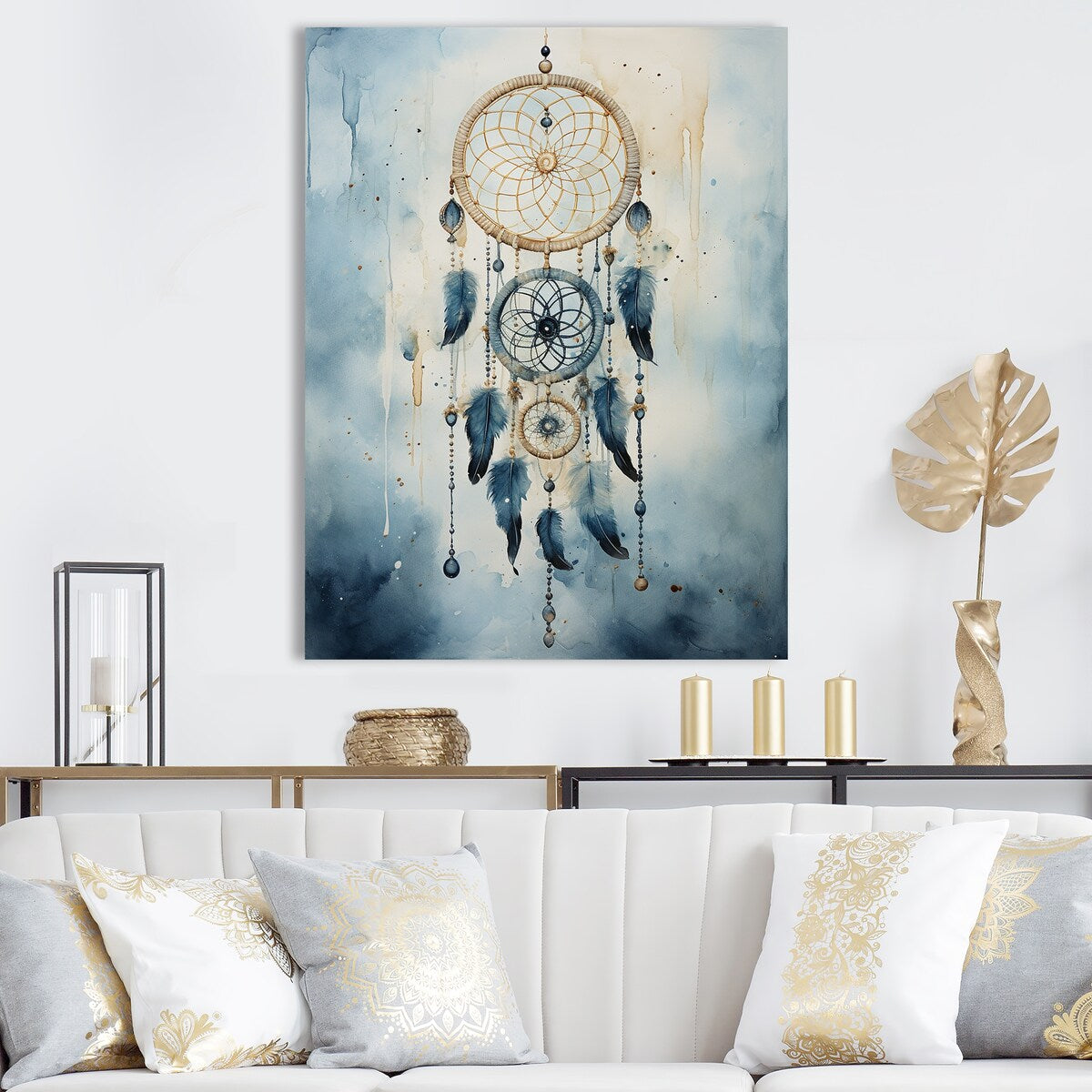 Designart "Tranquility White And Blue Dreamcatcher III" Dream Catcher Wall Art