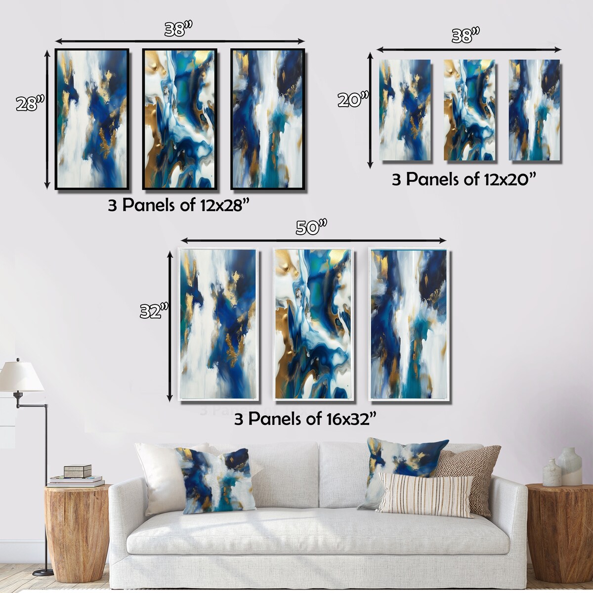 Designart "Transcendence Abstract In Blue And Gold IV" Abstract Painting Gold - Printed Art Set Of 3 For Bedroom