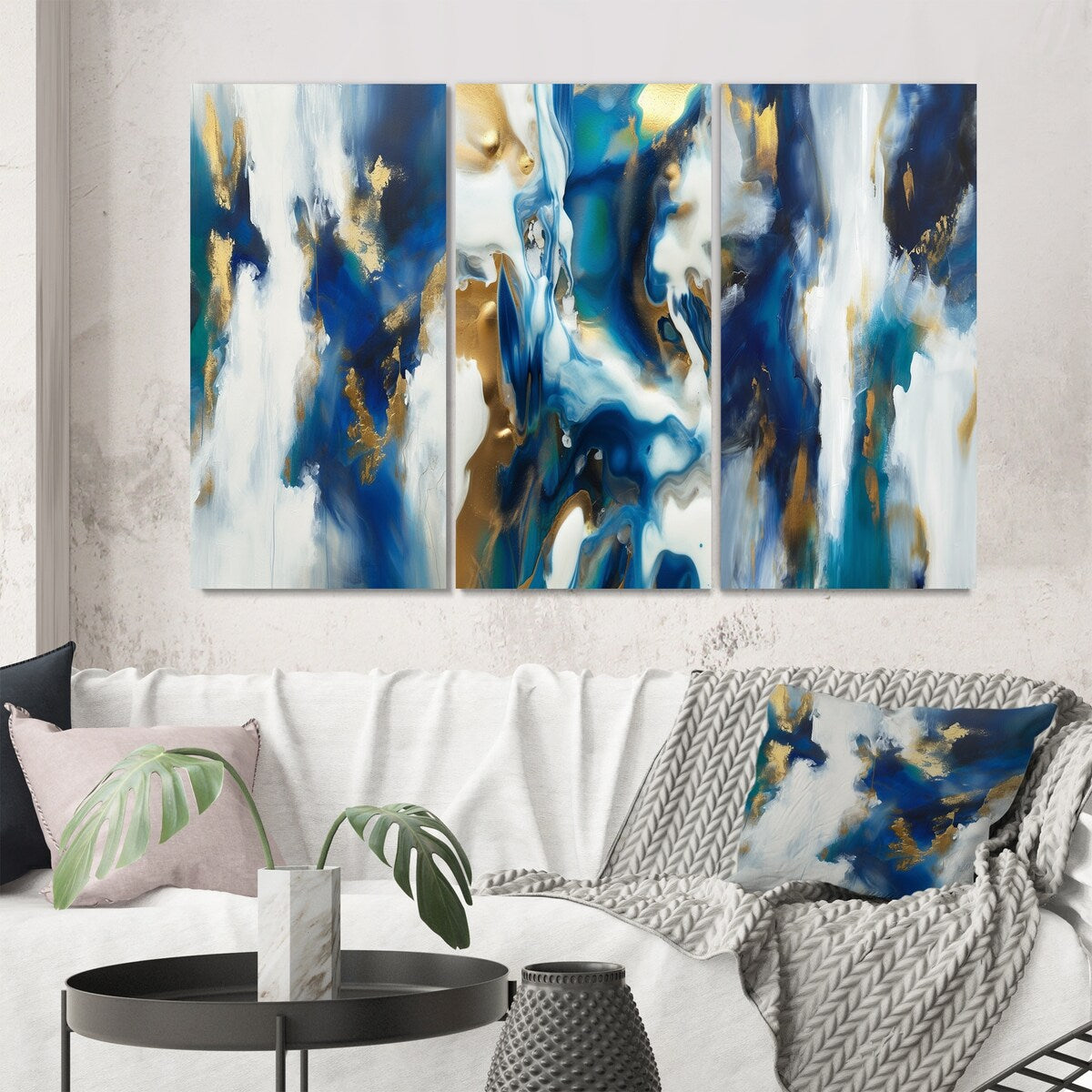 Designart "Transcendence Abstract In Blue And Gold IV" Abstract Painting Gold - Printed Art Set Of 3 For Bedroom
