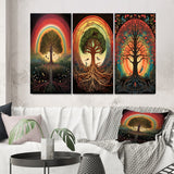 Designart "Tree Of Life Rainbow Retro Illustration" Landscape Trees Wall Art Set Of 3 - Canvas Set For Living Room Decor
