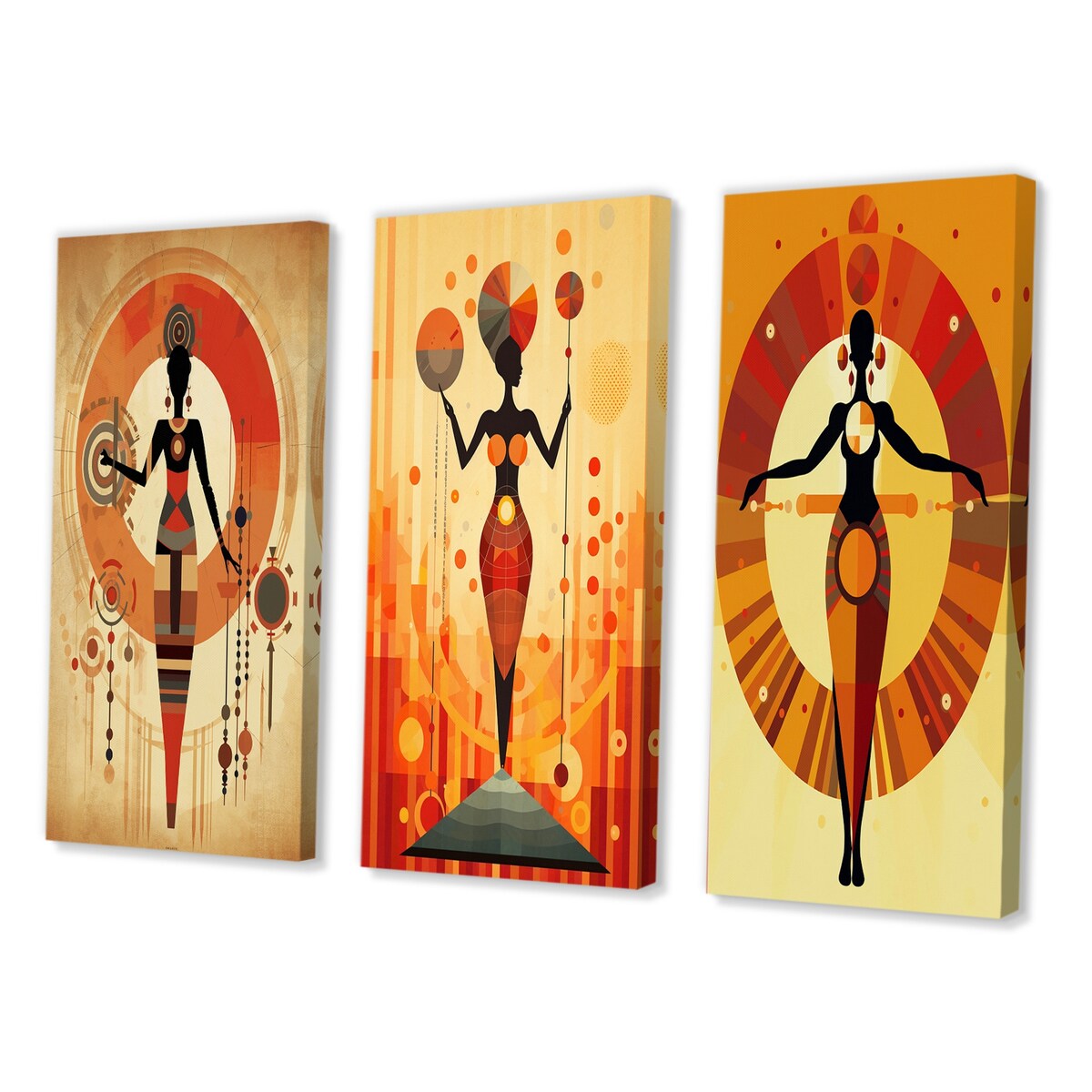 Designart "Tribal Goddess Rhythms In Orange And Red V" African American Woman Gallery Wall Set Of 3 - For Home Decor