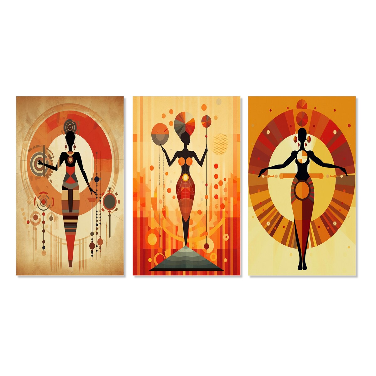 Designart "Tribal Goddess Rhythms In Orange And Red V" African American Woman Gallery Wall Set Of 3 - For Home Decor