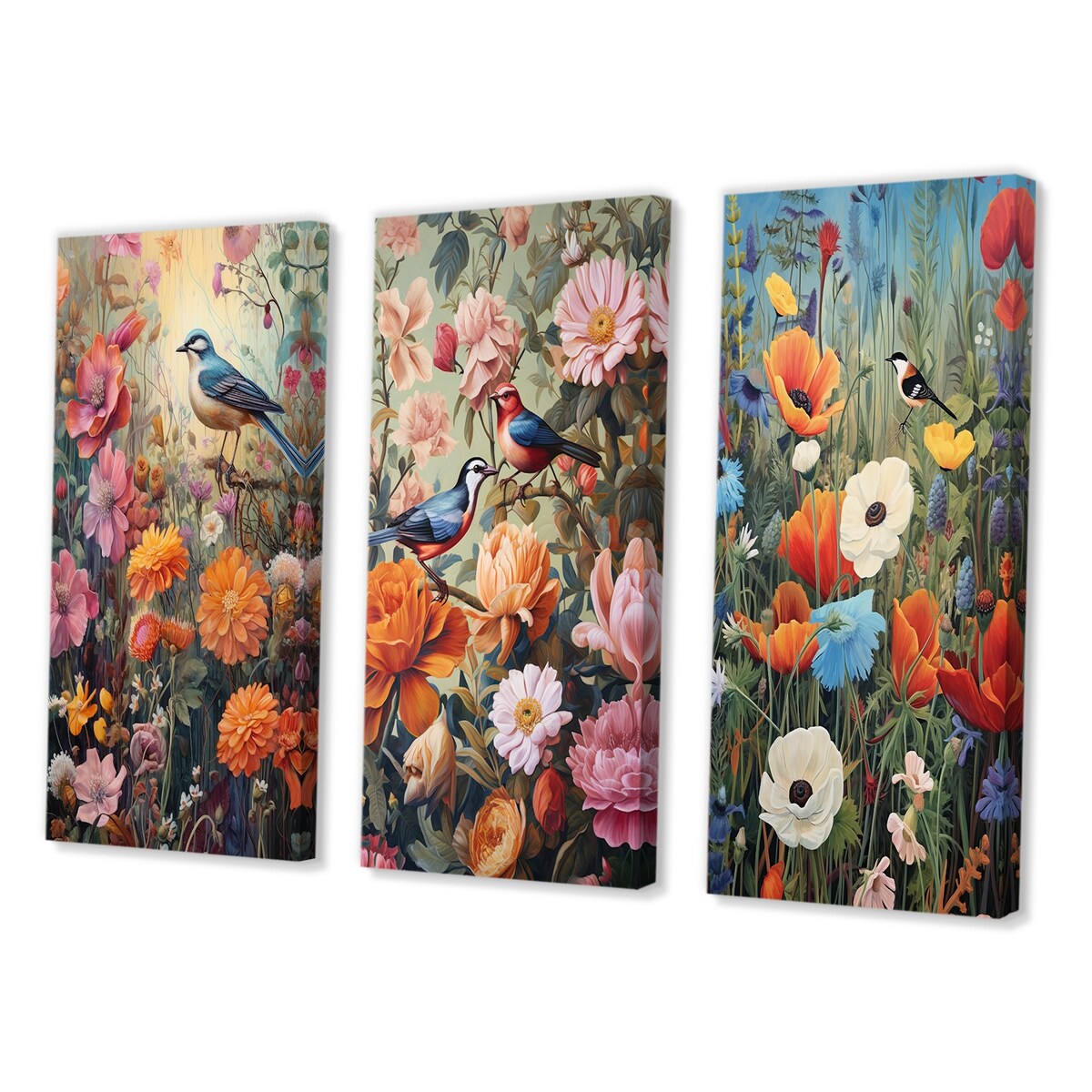 Designart "Tropical Birds In Paradise Flowerfield Painting II" Animals Bird Blue - Gallery Set Of 3 For Office Decor