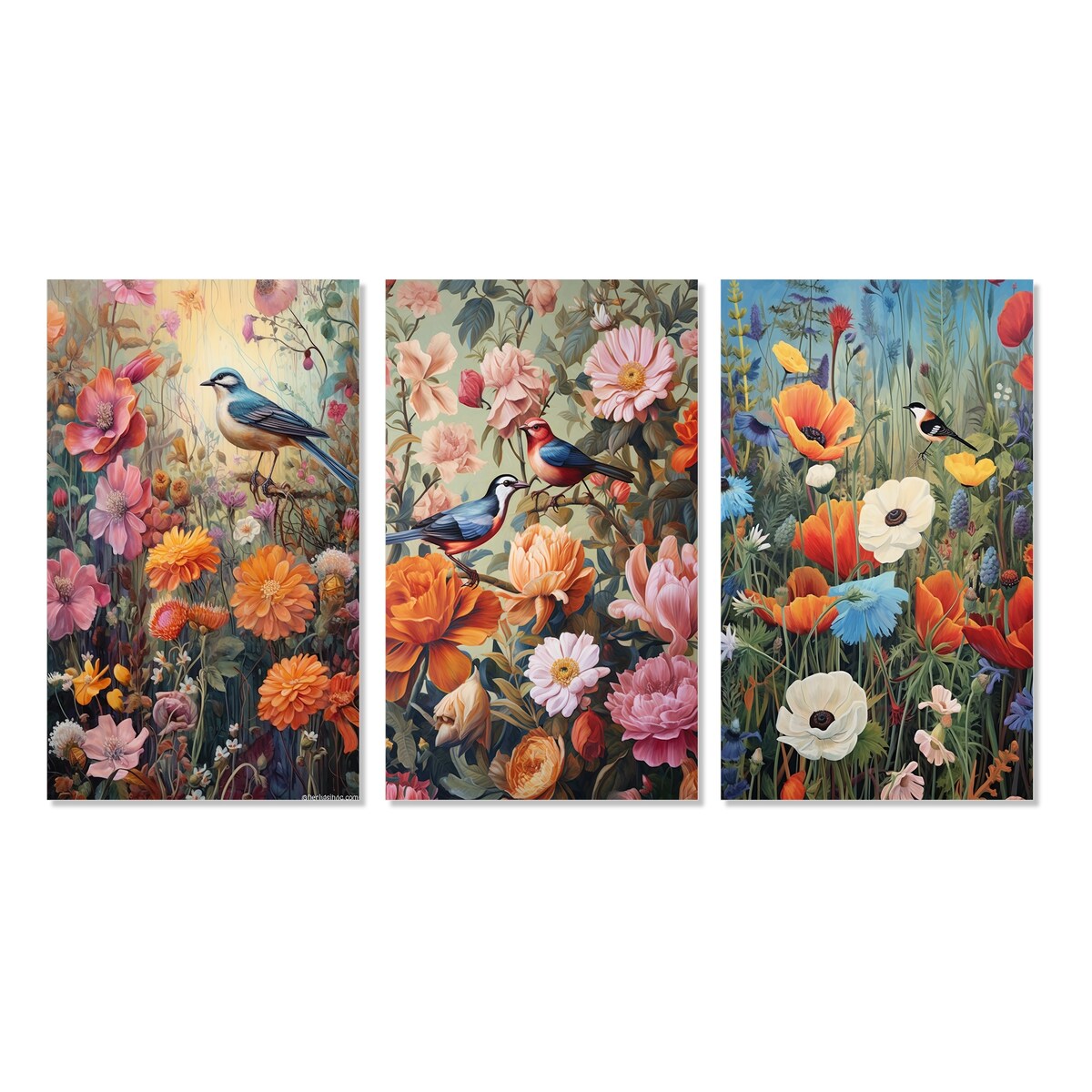 Designart "Tropical Birds In Paradise Flowerfield Painting II" Animals Bird Blue - Gallery Set Of 3 For Office Decor