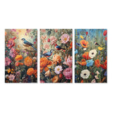 Designart "Tropical Birds In Paradise Flowerfield Painting II" Animals Bird Blue - Gallery Set Of 3 For Office Decor