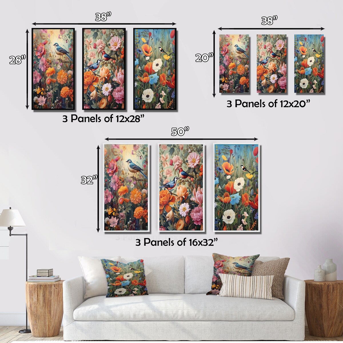 Designart "Tropical Birds In Paradise Flowerfield Painting II" Animals Bird Blue - Gallery Set Of 3 For Office Decor