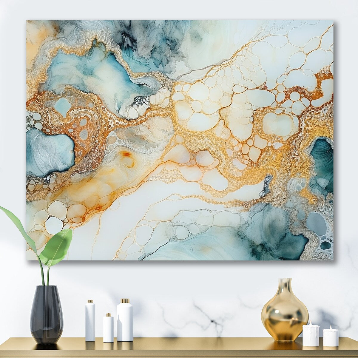 Designart "Turquoise And Gold Liquid Charm " Marble Wall Decor