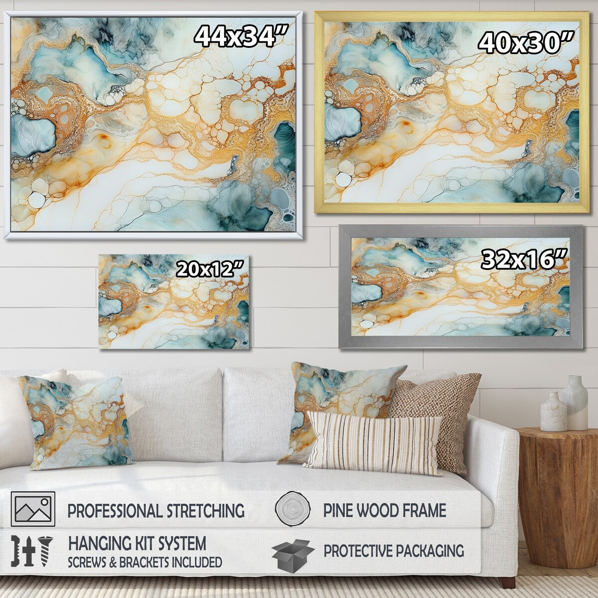 Designart "Turquoise And Gold Liquid Charm " Marble Wall Decor
