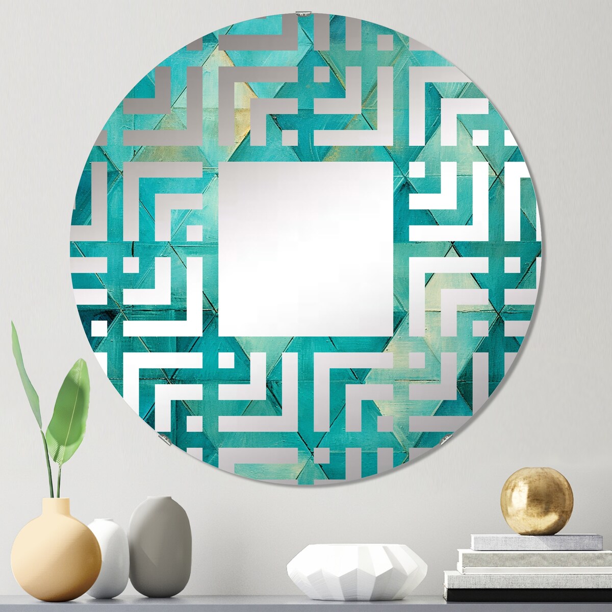 Designart "Turquoise Triangles I" Abstract Shapes Turquoise Wall Mirror - Modern Mirror For Wall Art Decor