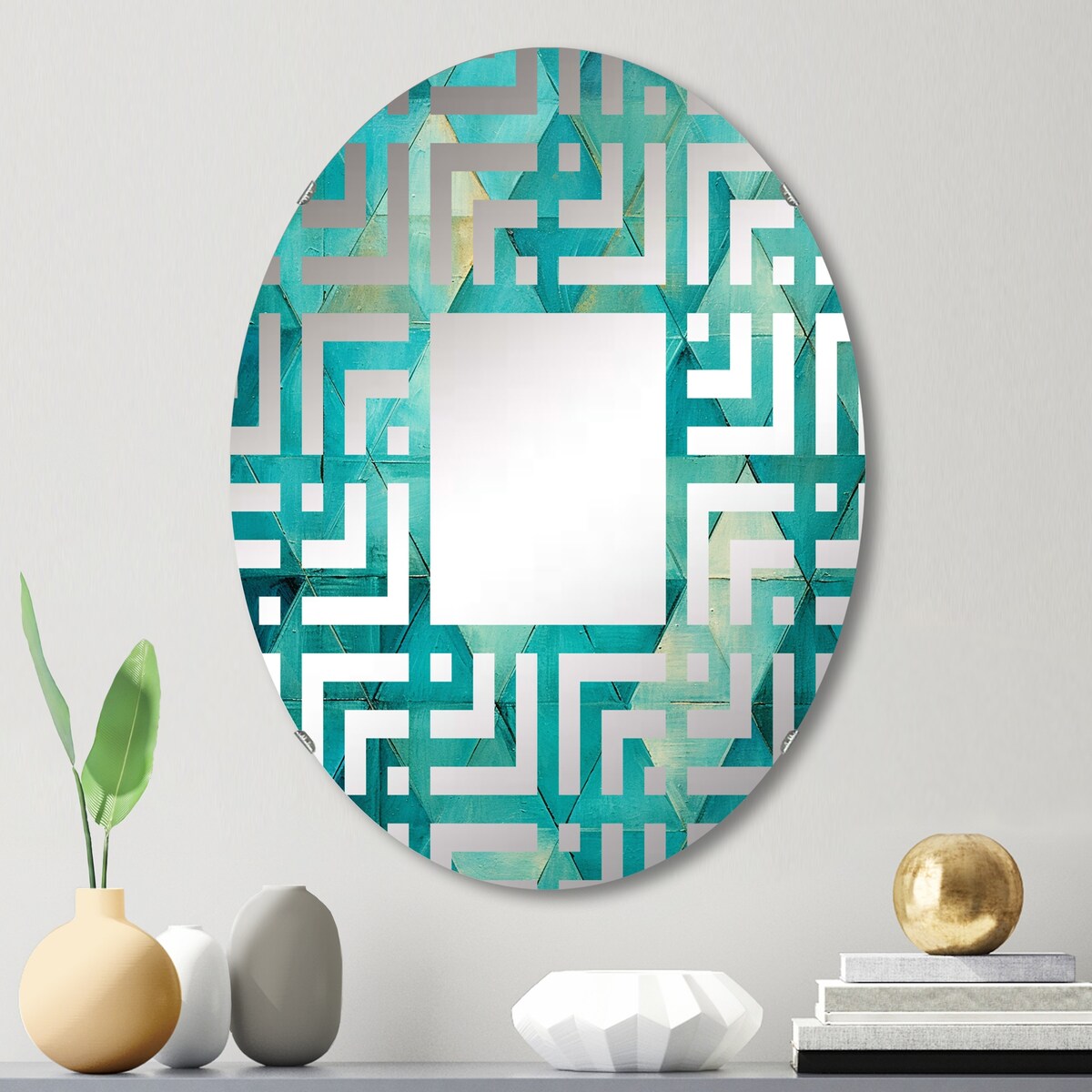 Designart "Turquoise Triangles I" Abstract Shapes Turquoise Wall Mirror - Modern Mirror For Wall Art Decor