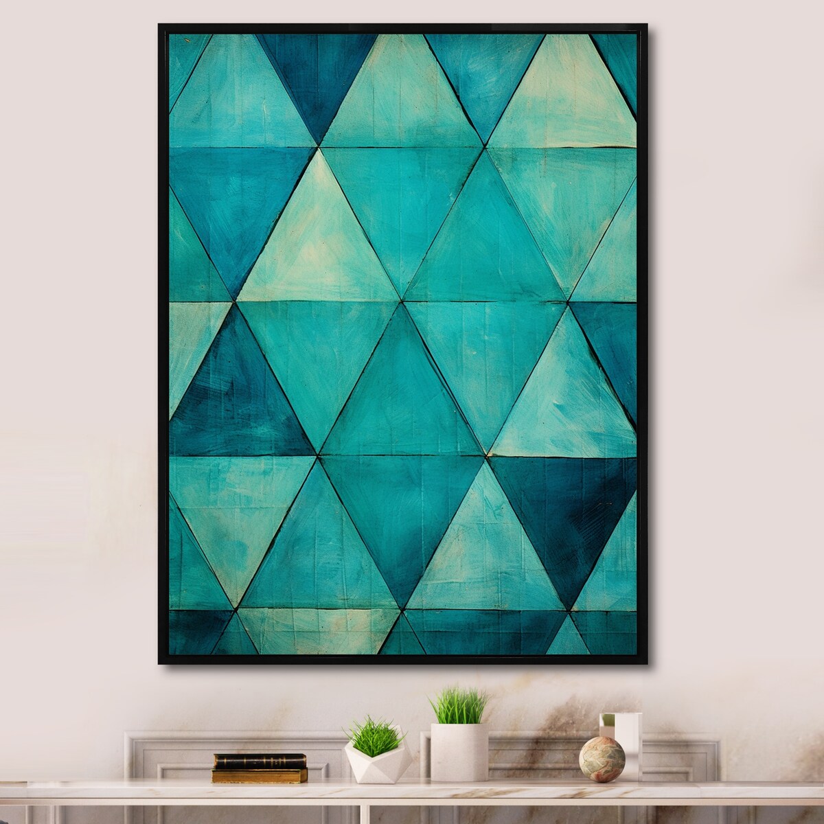 Designart "Turquoise Triangles " Abstract Shapes Framed Wall Art Prints