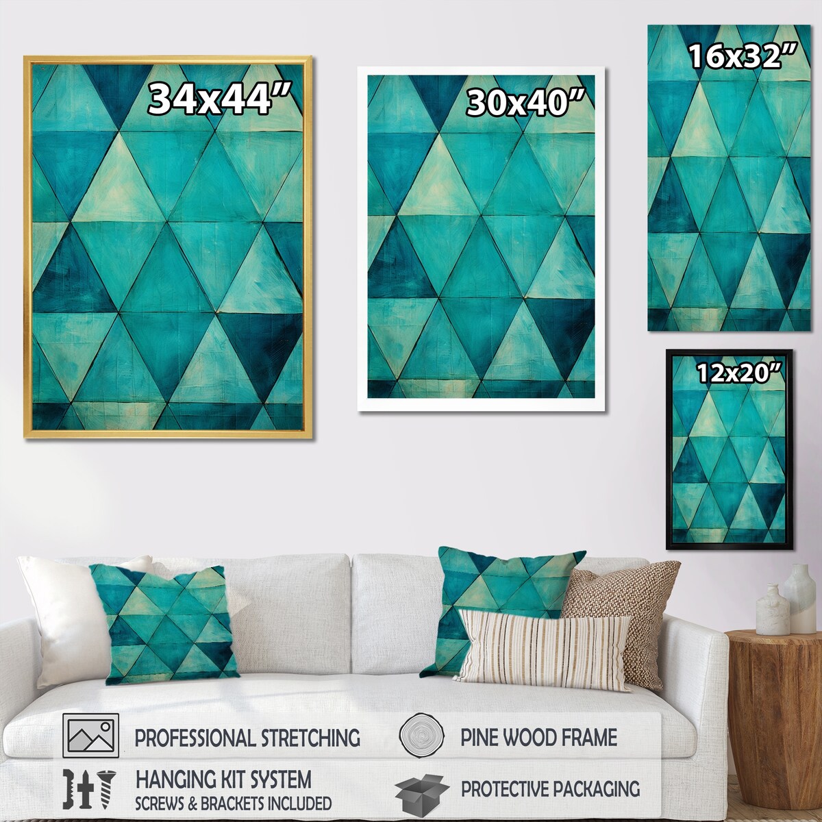 Designart "Turquoise Triangles " Abstract Shapes Framed Wall Art Prints