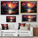 Designart "Turquoise Water And Orange Sunset In Mountains" Abstract Landscape Framed Wall Decor
