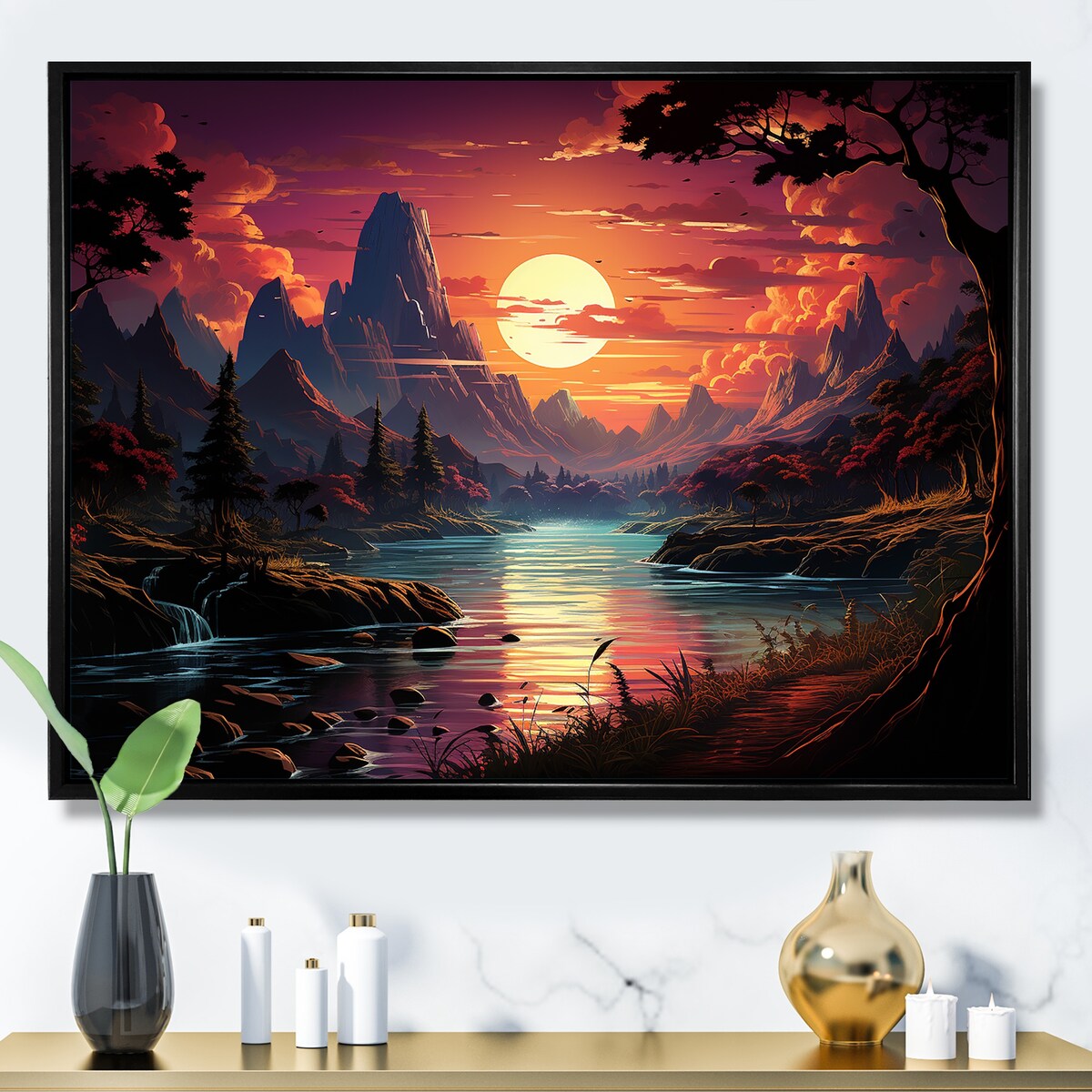 Designart "Turquoise Water And Orange Sunset In Mountains" Abstract Landscape Framed Wall Decor