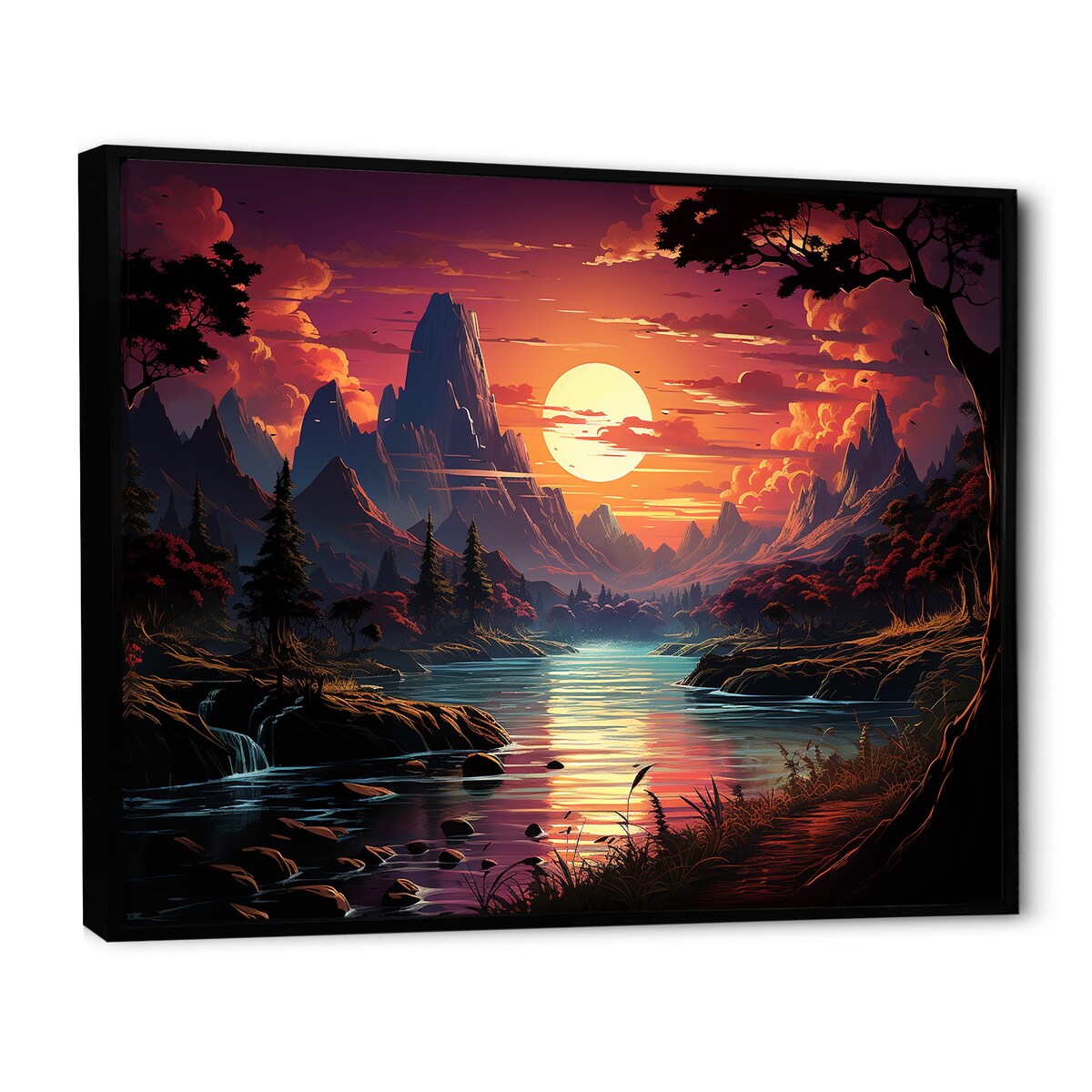 Designart "Turquoise Water And Orange Sunset In Mountains" Abstract Landscape Framed Wall Decor