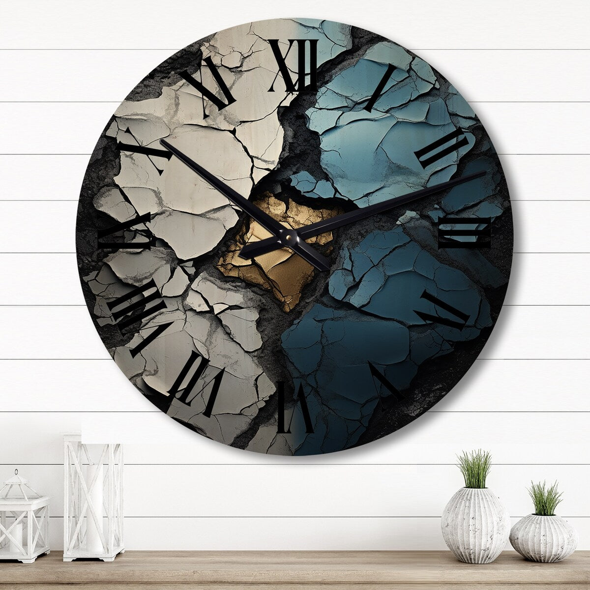 Designart "Turquoise White And Gold Marble Art I" Abstract Painting Oversized Wood Wall Clock