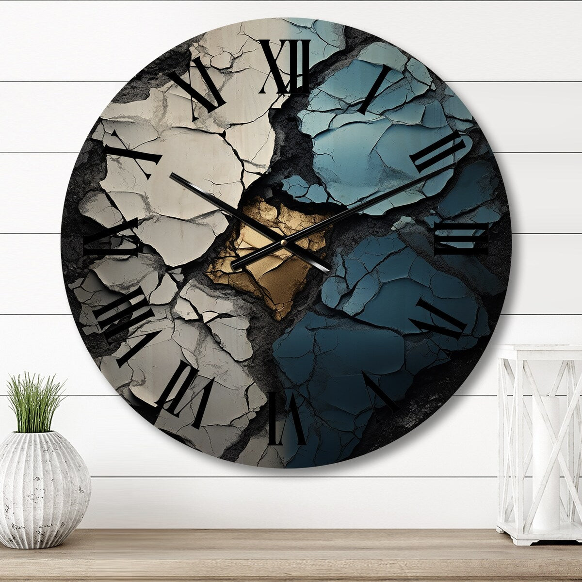 Designart "Turquoise White And Gold Marble Art I" Abstract Painting Oversized Wood Wall Clock