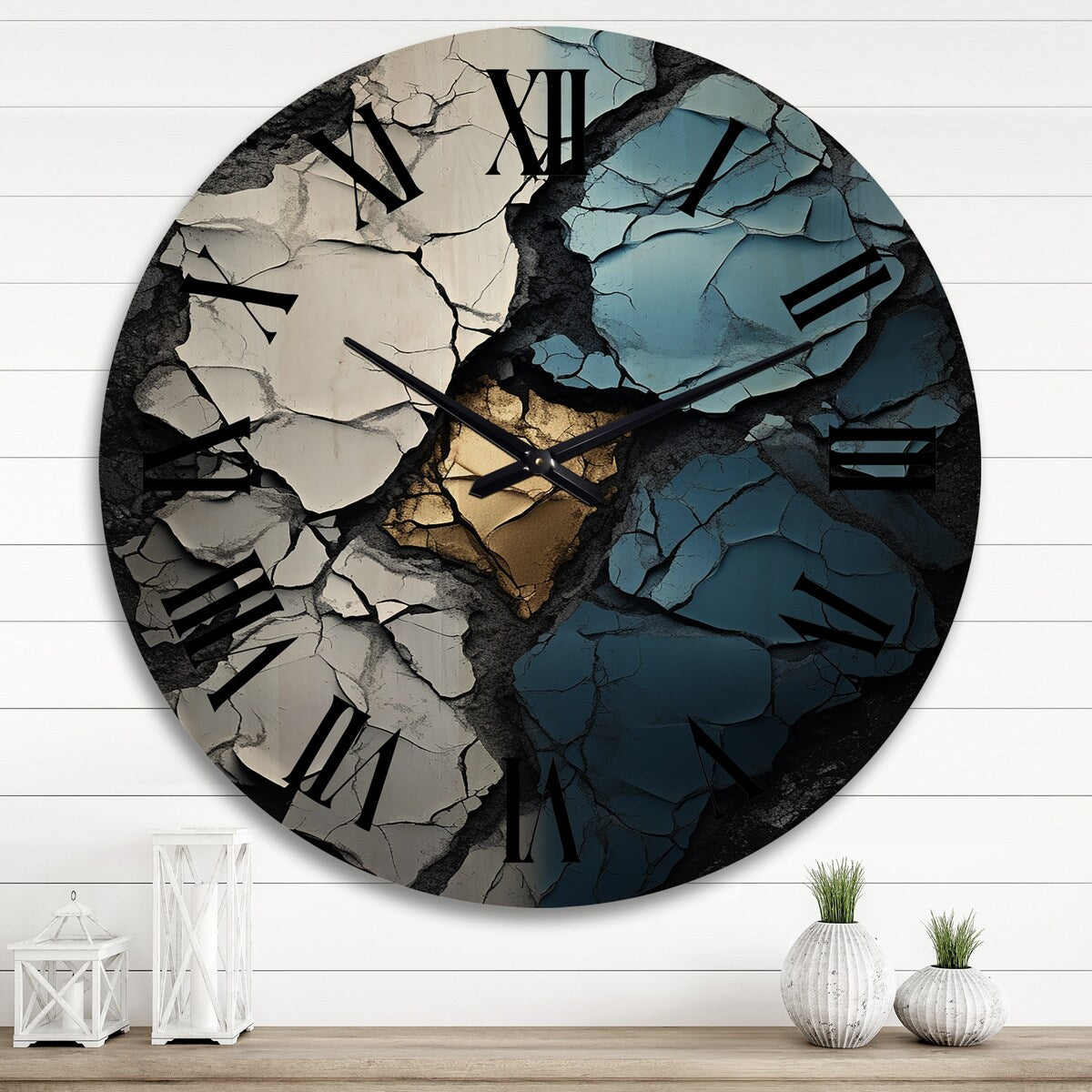 Designart "Turquoise White And Gold Marble Art I" Abstract Painting Oversized Wood Wall Clock