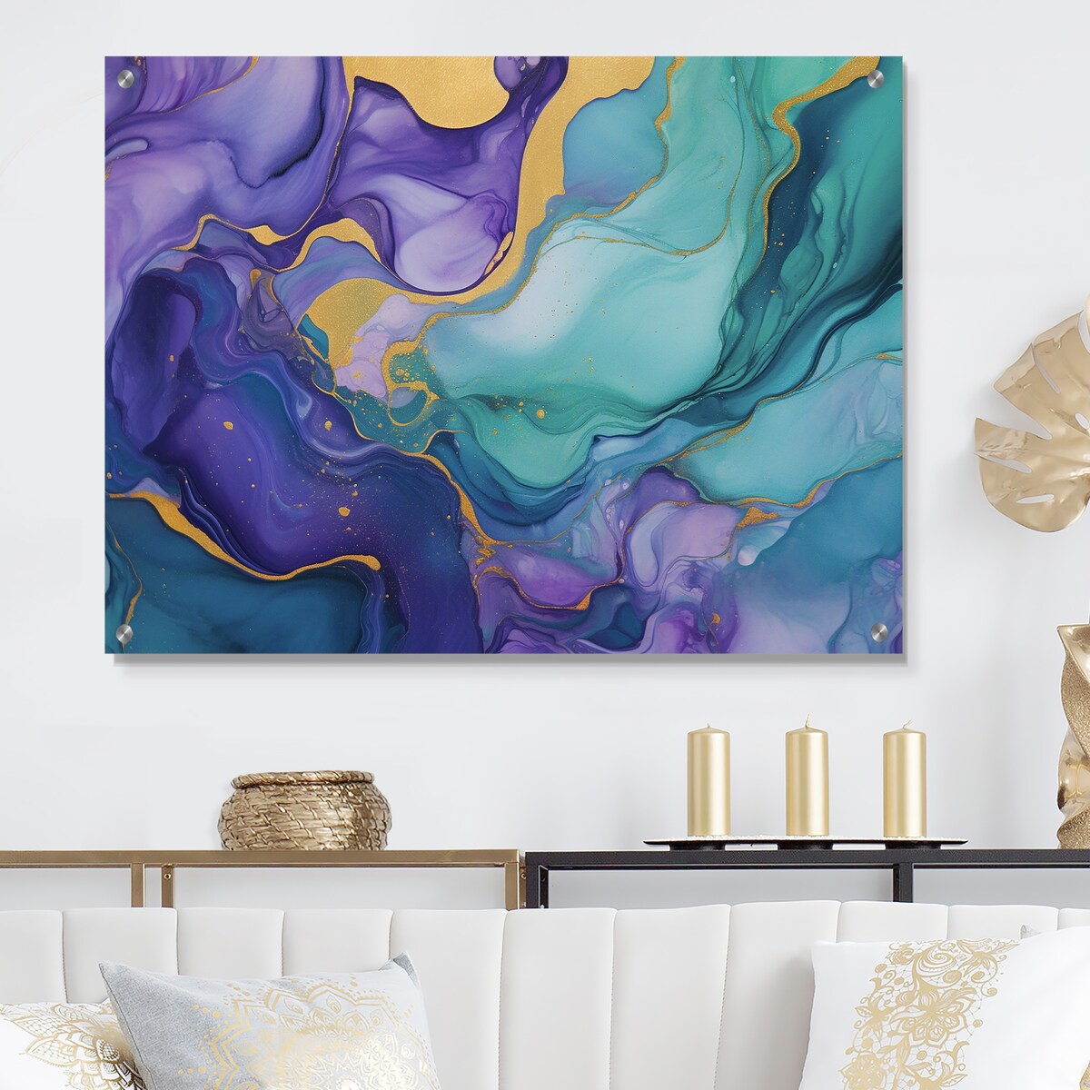 Designart "Turquoise and Purple Liquid Art II" Fractals Gloss Wall Decor Turquoise - Modern Acrylic Wall Art For Bedroom
