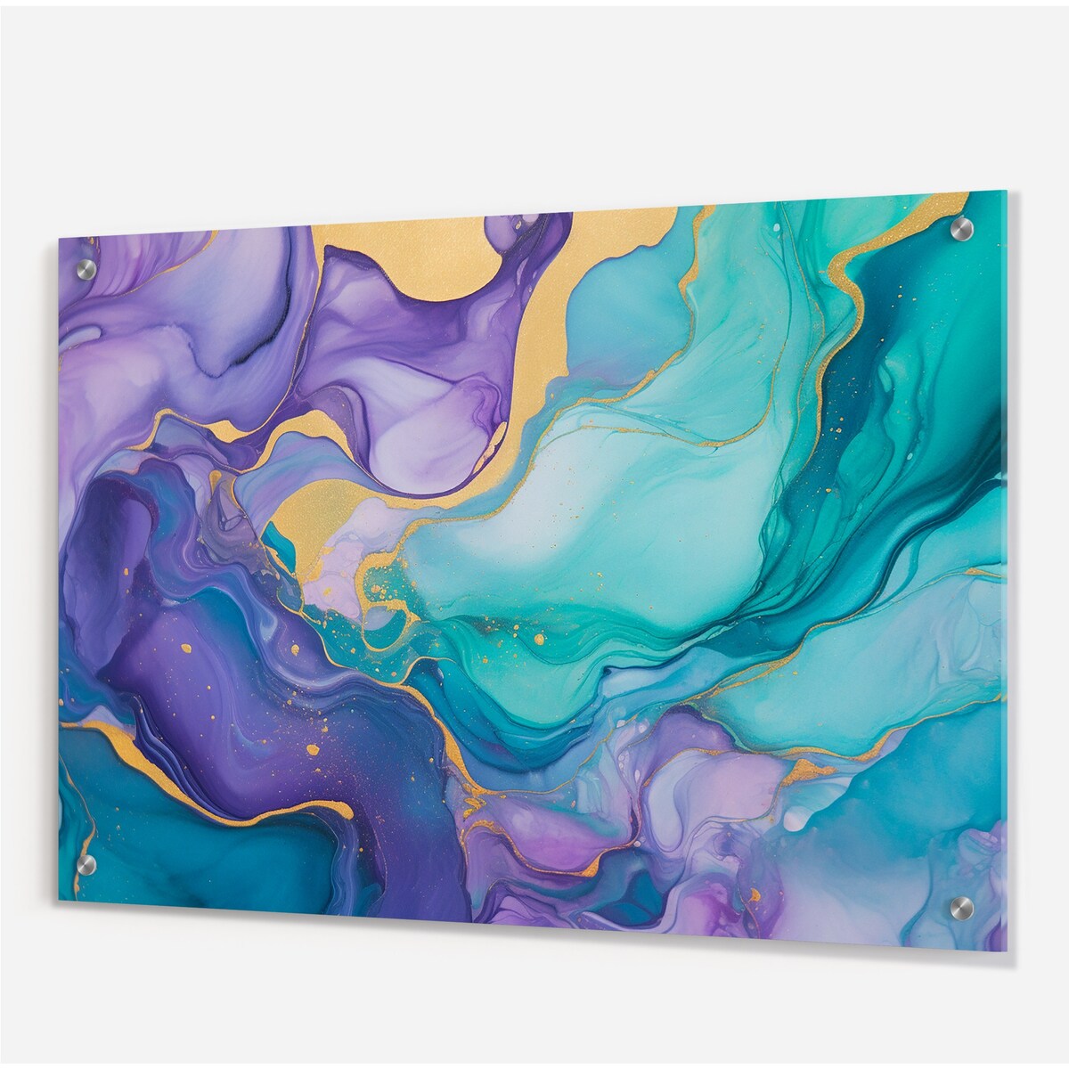 Designart "Turquoise and Purple Liquid Art II" Fractals Gloss Wall Decor Turquoise - Modern Acrylic Wall Art For Bedroom