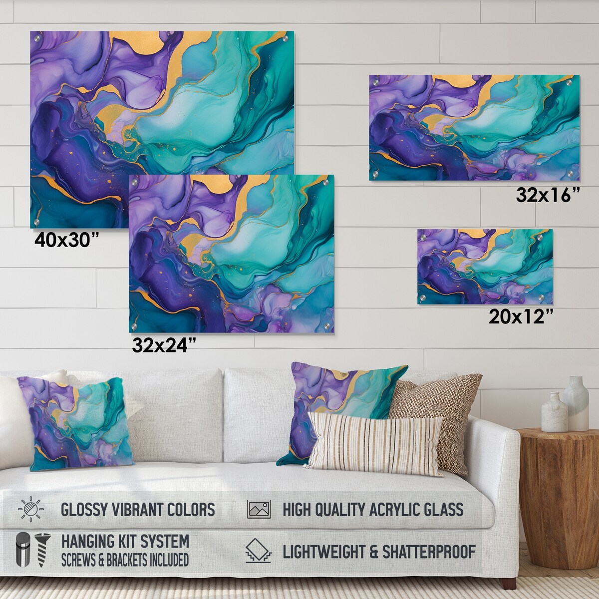 Designart "Turquoise and Purple Liquid Art II" Fractals Gloss Wall Decor Turquoise - Modern Acrylic Wall Art For Bedroom