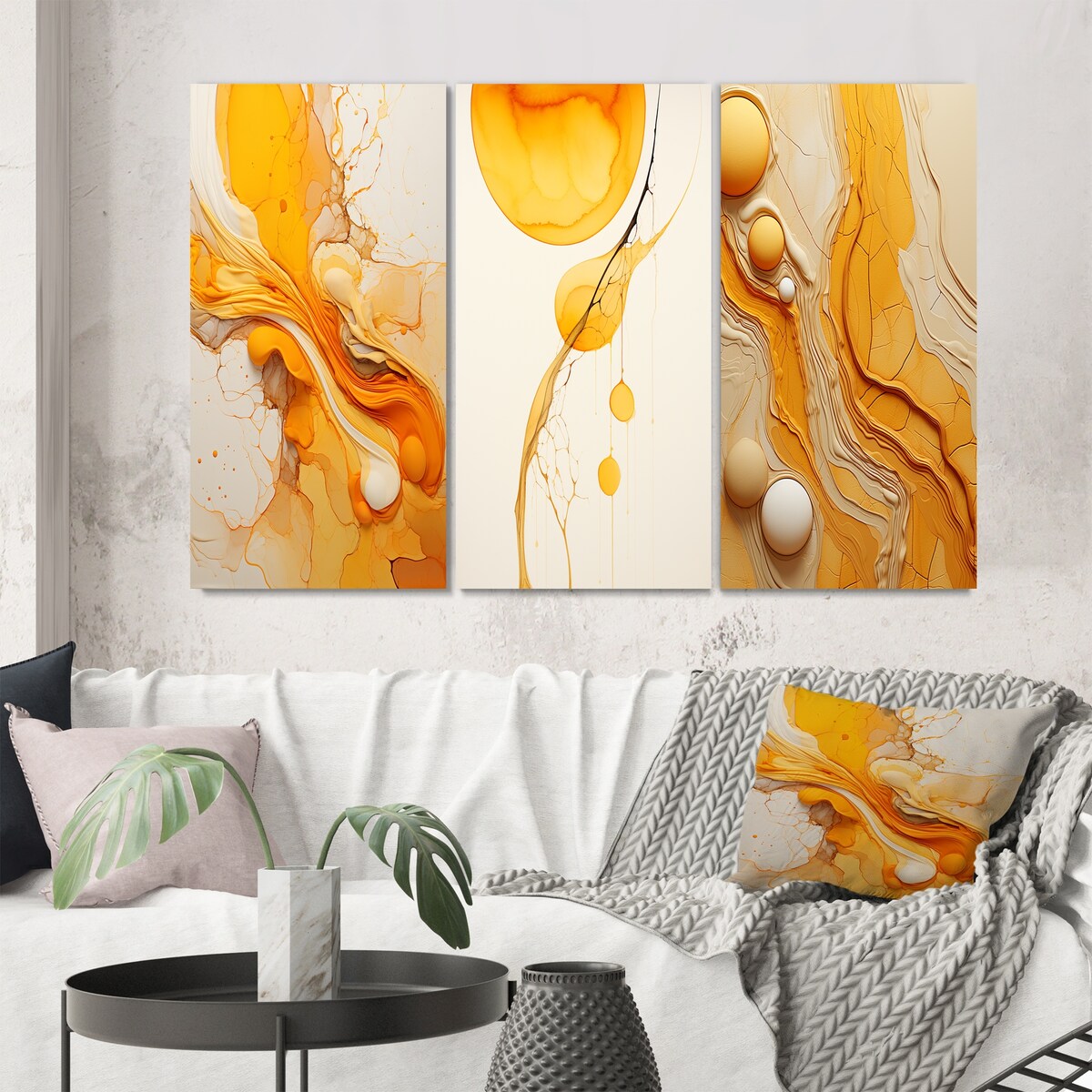 Designart "Undefined Continuation Liquid Waves Yellow III" Abstract Shapes Grey - Gallery Wall Set Of 3 For Home Decor
