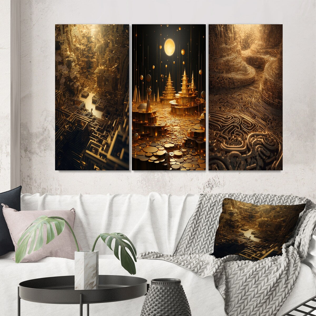 Designart "Unravelling The Gold Labyrinth Mystery II" Abstract Landscape Gold - Printed Art Set Of 3 For Bedroom