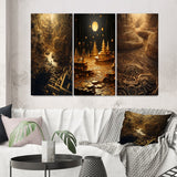 Designart "Unravelling The Gold Labyrinth Mystery II" Abstract Landscape Gold - Printed Art Set Of 3 For Bedroom