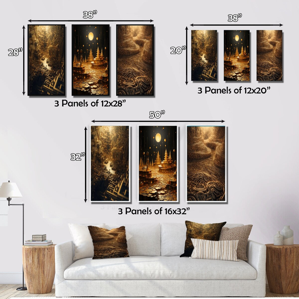 Designart "Unravelling The Gold Labyrinth Mystery II" Abstract Landscape Gold - Printed Art Set Of 3 For Bedroom