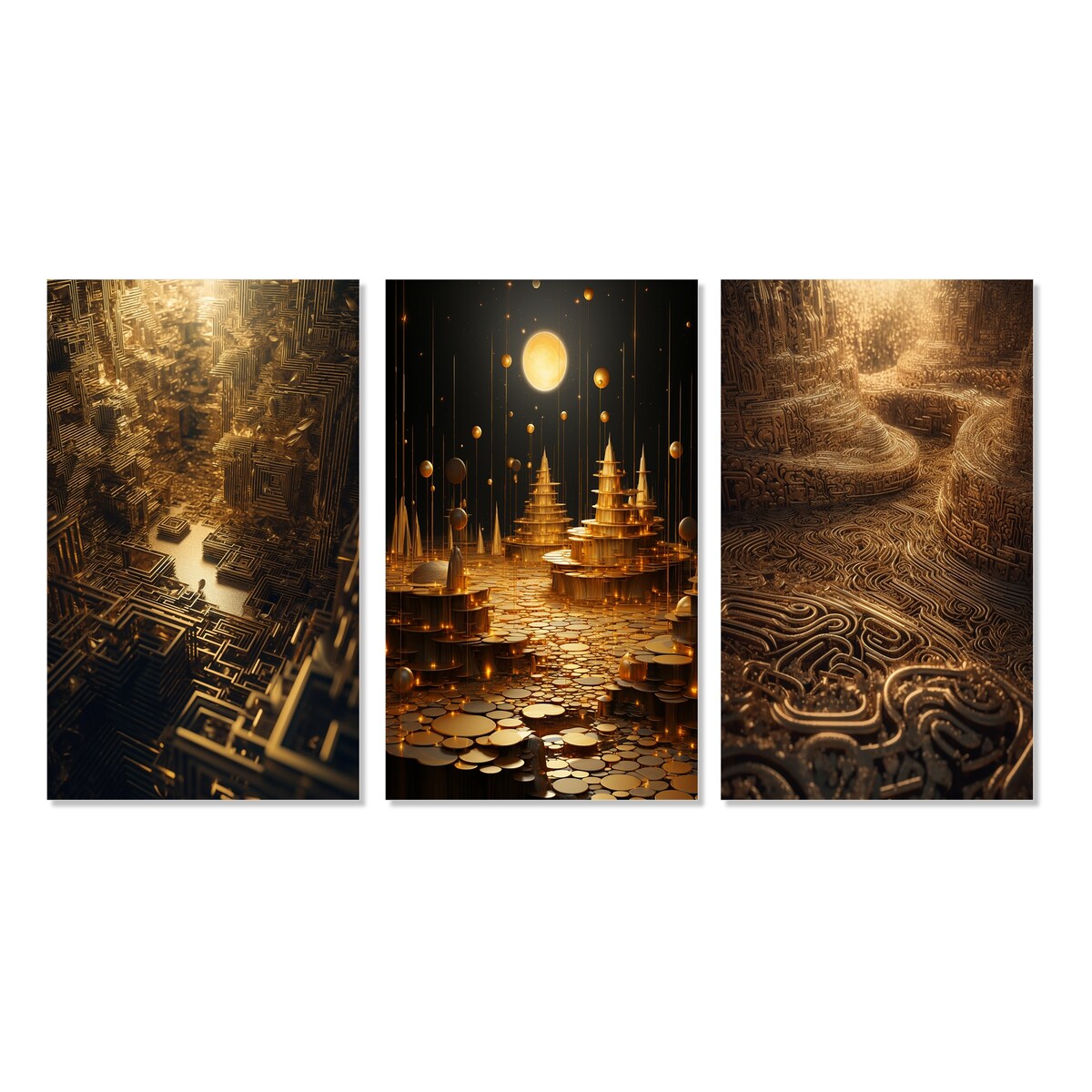 Designart "Unravelling The Gold Labyrinth Mystery II" Abstract Landscape Gold - Printed Art Set Of 3 For Bedroom