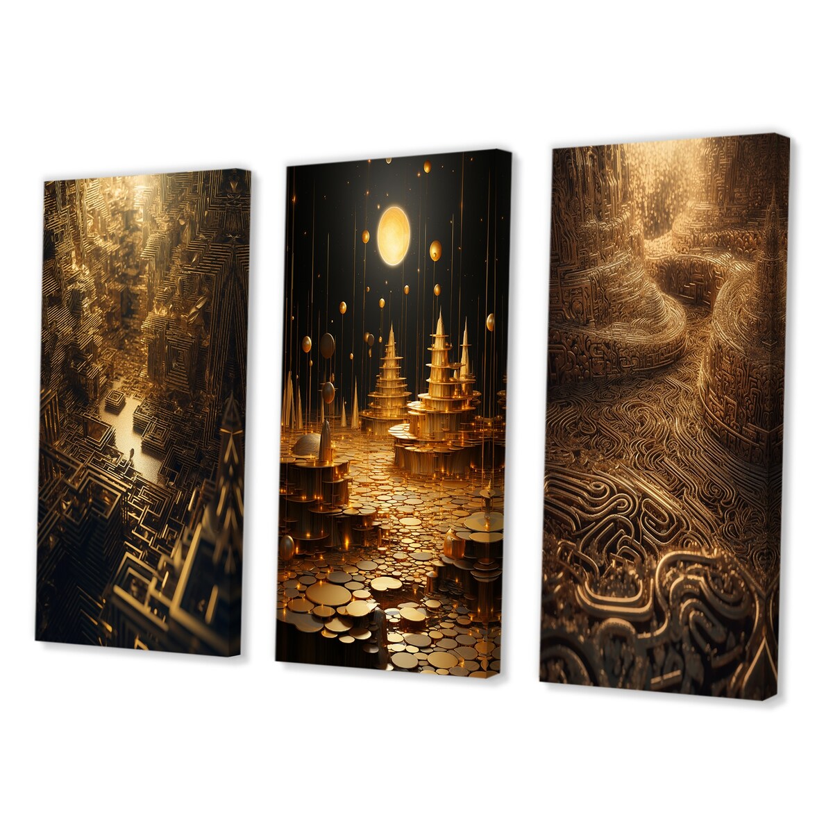 Designart "Unravelling The Gold Labyrinth Mystery II" Abstract Landscape Gold - Printed Art Set Of 3 For Bedroom