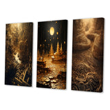 Designart "Unravelling The Gold Labyrinth Mystery II" Abstract Landscape Gold - Printed Art Set Of 3 For Bedroom