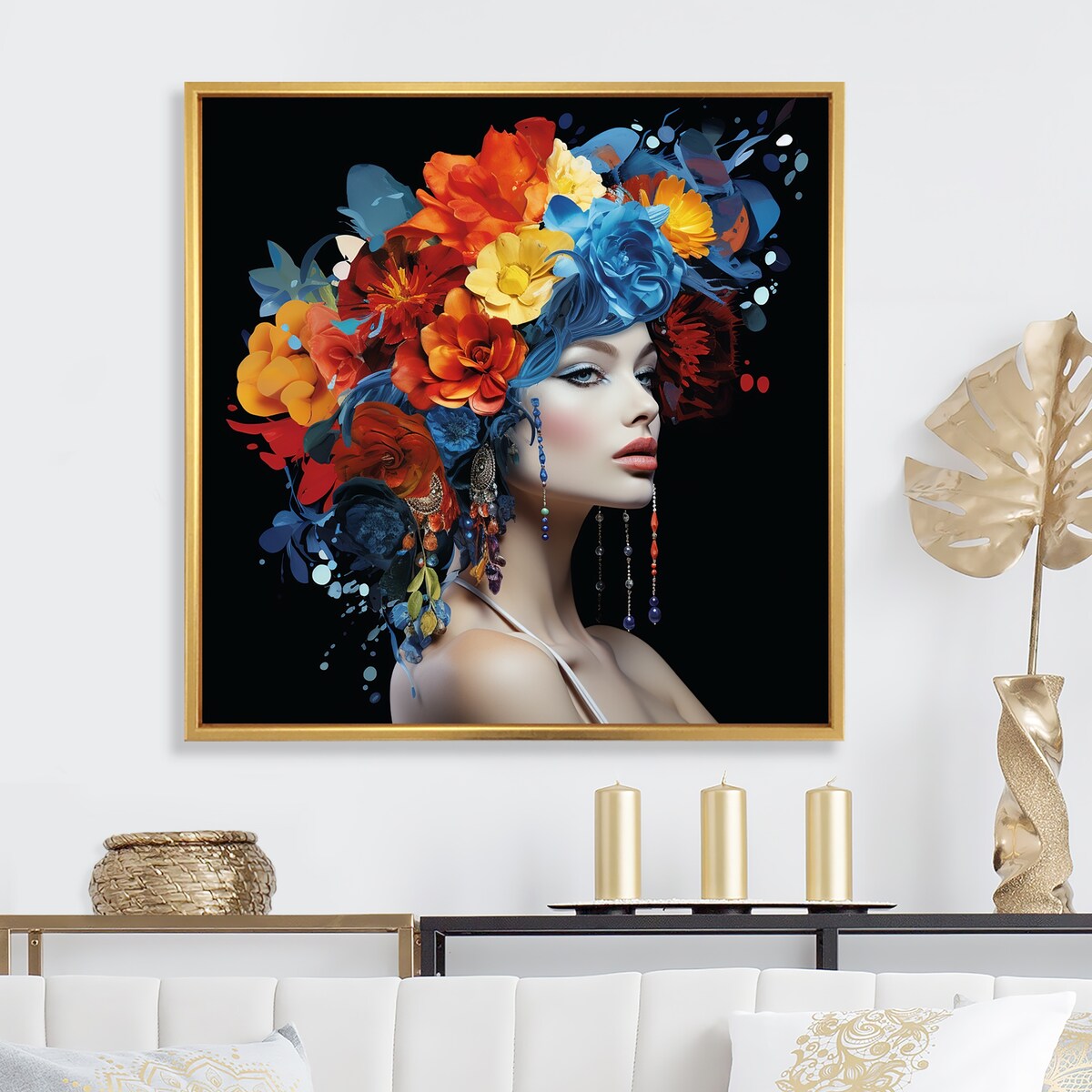 Designart "Urban Elegance Woman Crystal And Flower Hair III" Fashion Woman Colorful Entryway Framed Wall Art Print