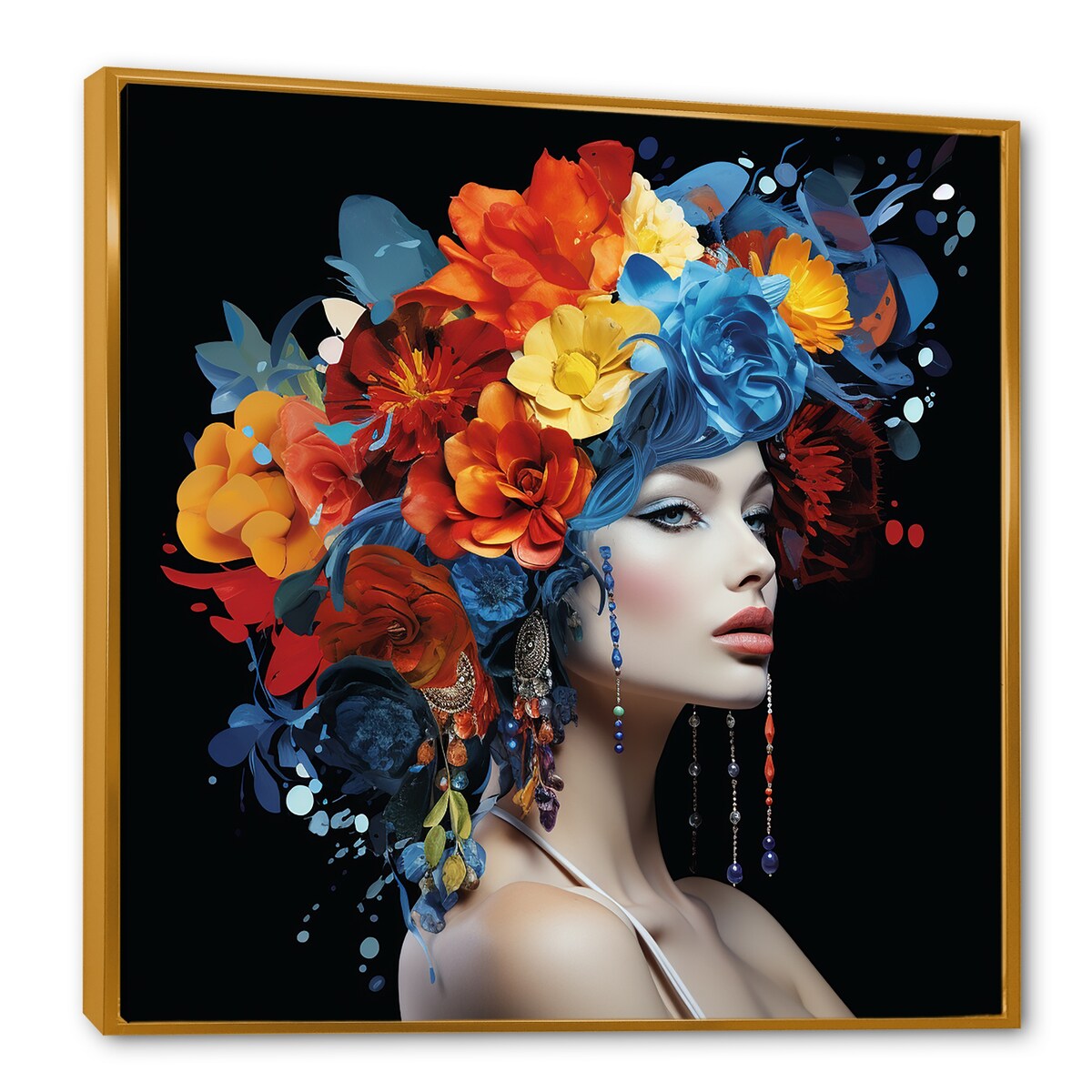 Designart "Urban Elegance Woman Crystal And Flower Hair III" Fashion Woman Colorful Entryway Framed Wall Art Print