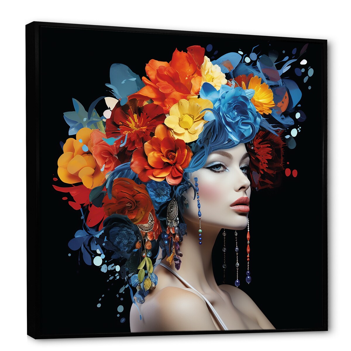 Designart "Urban Elegance Woman Crystal And Flower Hair III" Fashion Woman Colorful Entryway Framed Wall Art Print
