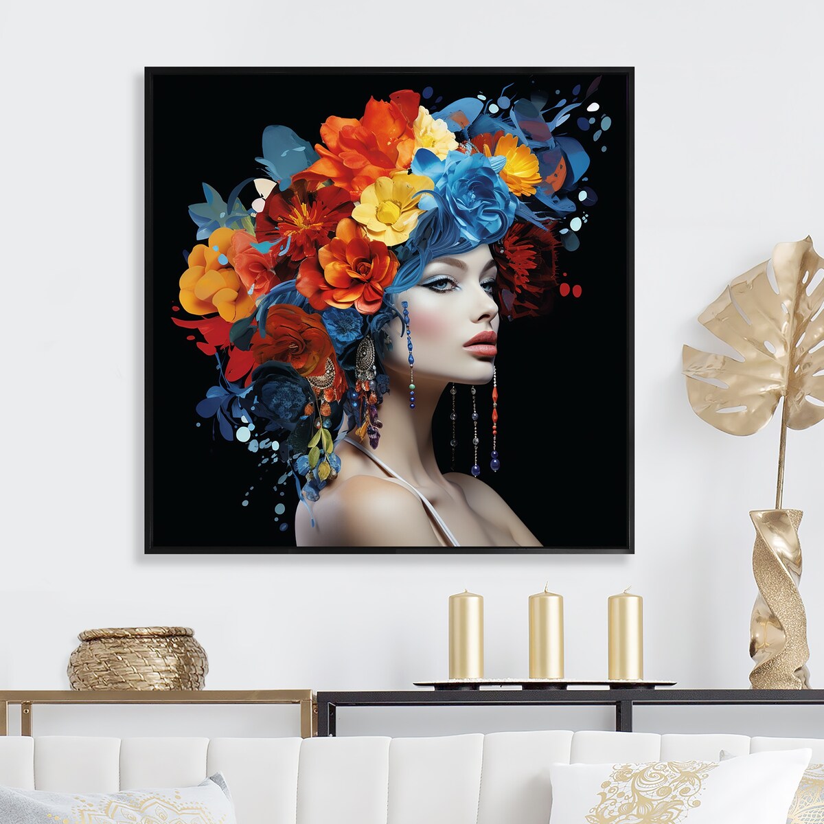 Designart "Urban Elegance Woman Crystal And Flower Hair III" Fashion Woman Colorful Entryway Framed Wall Art Print