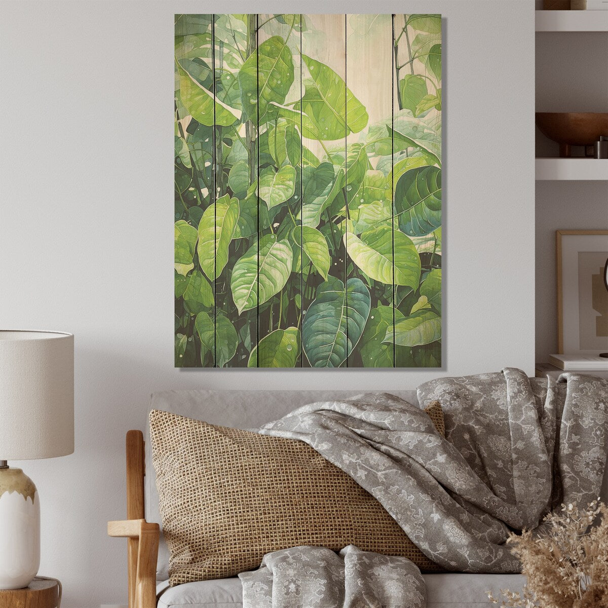 Designart "Urban Leaves Forest Greenery" Leaves Wood Wall Decor - Traditional Green Wood Panel On Natural Pine Wood