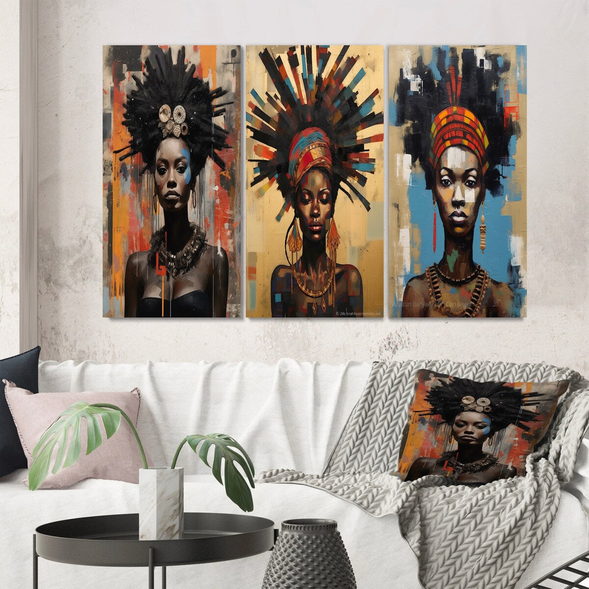 Designart "Urban Tribal Queen Contemporary African" African American Woman Brown Canvas Set Of 3 For Living Room Decor